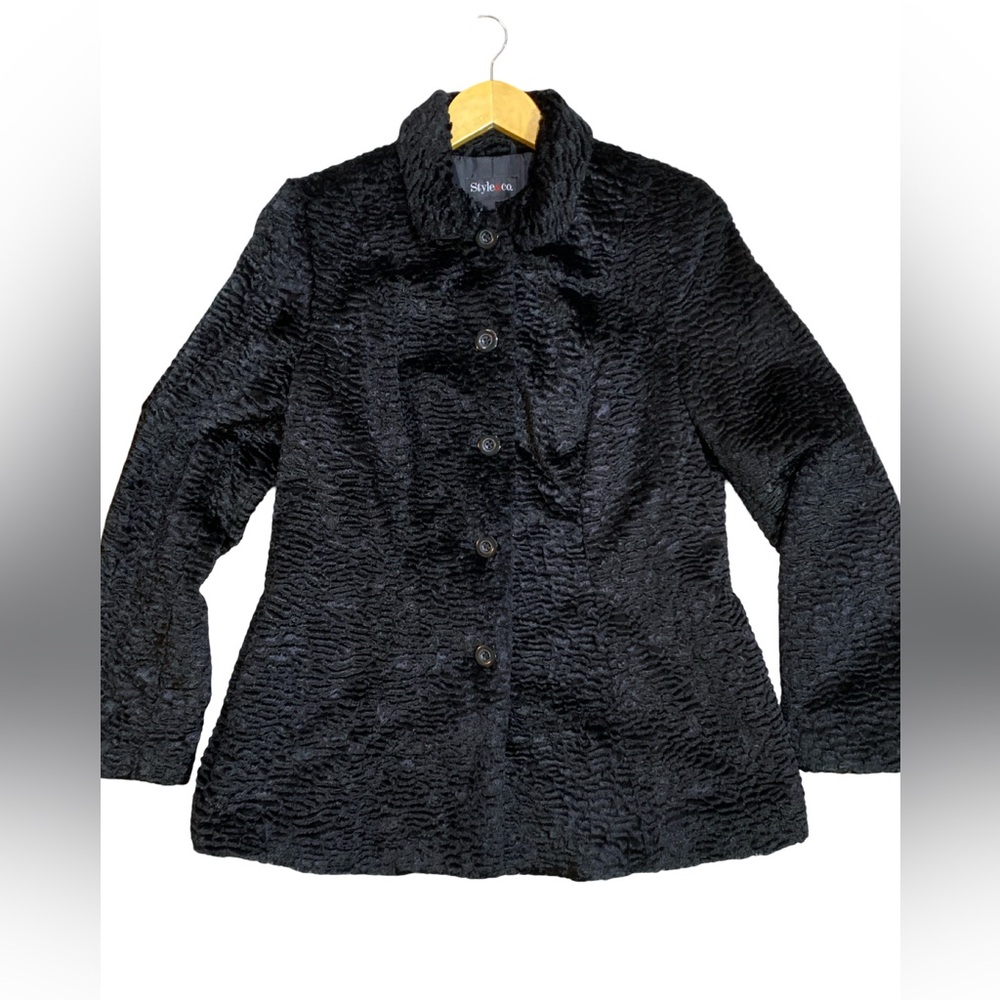 Style & Co Black Plush Textured Coat Size M‎ Button Front Lined Dressy